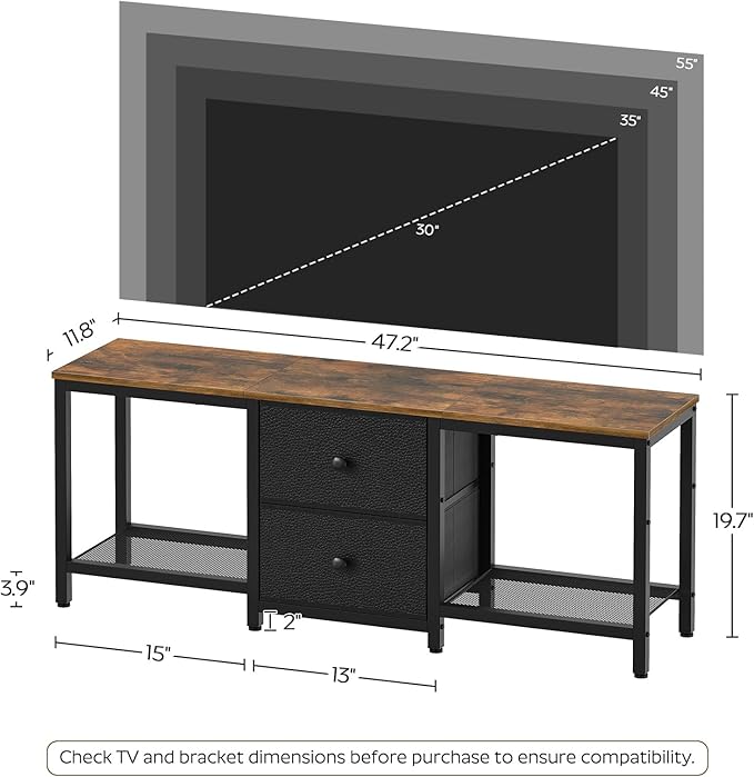TV Stand for TVs up to 55 Entertainment Center with 2 Fabric Drawer Media Console with Shelves Television Stands for Living Room Bedroom Rustic Brown and Black DS02BR