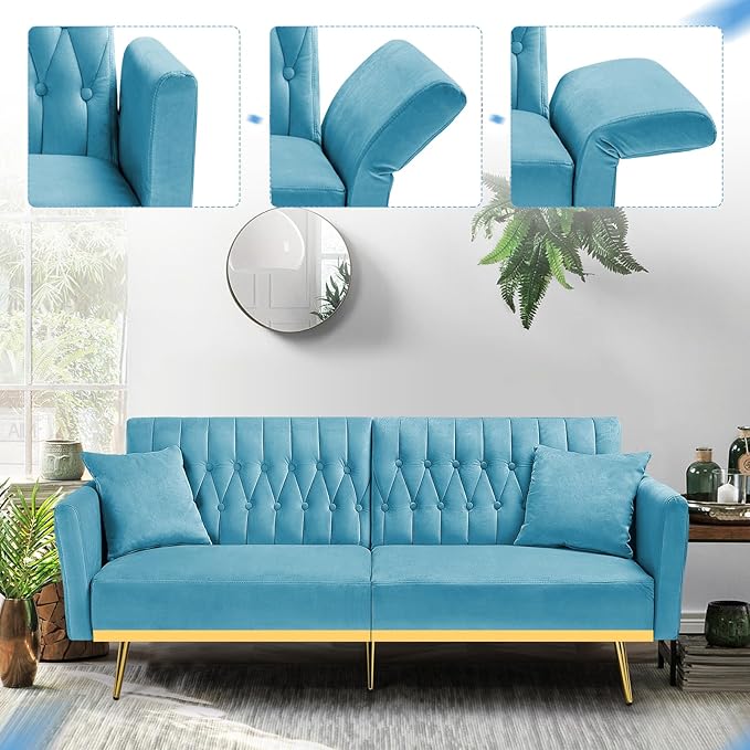 70” Velvet Futon Sofa Bed with 2 Pillows and Adjustable Armrests Convertible Sleeper Bed W/Adjustable Backrests Modern Loveseat for Living Room Bedroom Baby Blue