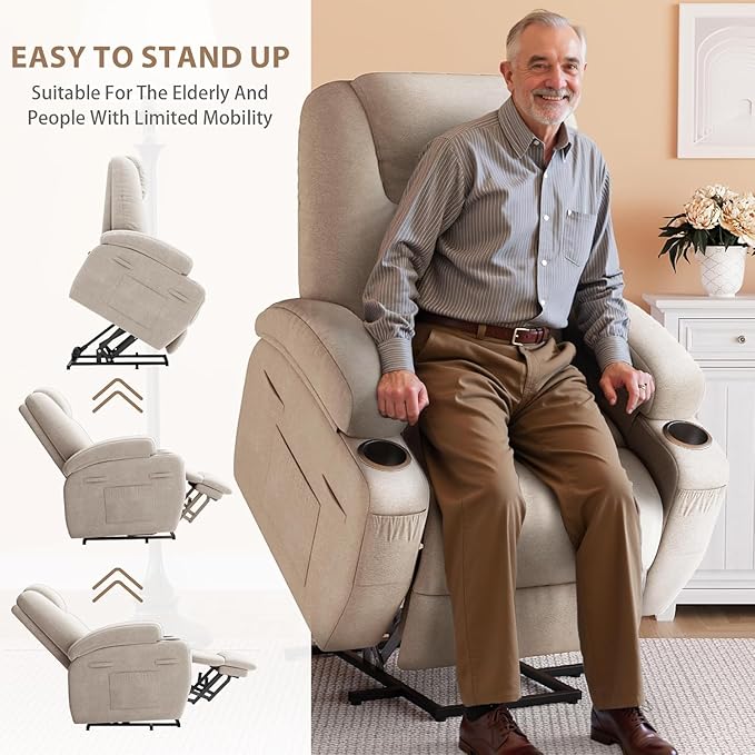 Flamaker Power Lift Chair Massage Recliner Chairs for Elderly - Ergonomic Design with Cup Holders &amp Side Pockets Remote Control (Beige)