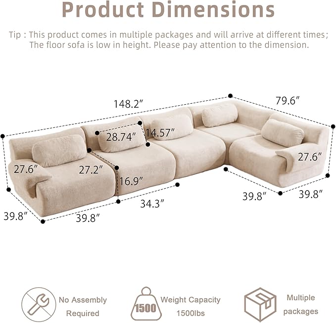 148.2 Boneless Couches for Living Room Cloud Modular Sectional Sofa in a Box Memory Foam Modern Couch Big Comfy Compressed Sofas L Shaped Couch with Corner Bedroom Apartment Beige