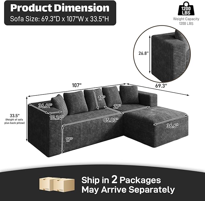 Oversized L Shaped Boneless Sectional Couches for Living Room 107 Comfy Fluffy Cloud Modular Sectional Sofa Plush Corduroy Memory Foam Floor Sofa with Right Facing Chaise Couch