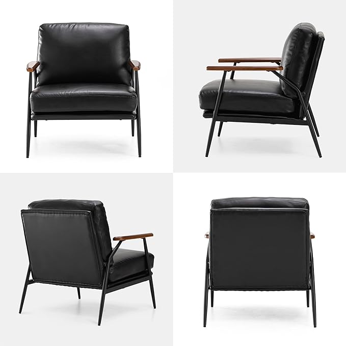 Glitzhome Mid-Century Modern Accent Chair PU Leather Ultra Soft Living Room Armchair Lounge Chairs with Steel Frame &amp Wooden Armrest for Living Room Home Office Reading Room Black