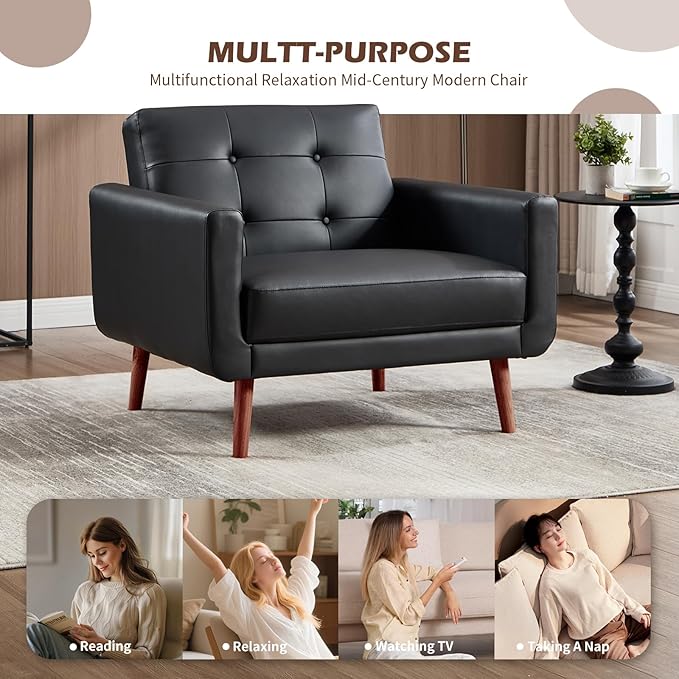 CANMOV 29 W Oversized Leather Accent Chair Armchair Button Back Mid Century Modern Accent Chairs for Living Room Modern Upholstered Bed Room Chair Cozy Armchair with Wood Legs Black