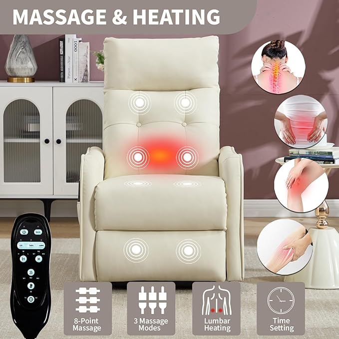 Small Power Lift Chair Recliner for Elderly Petite Power Recliner Chair with Massage and Heat | USB | High Back | Push Button | Side Pockets Liviing Room Easy Assembly (PU Leather Beige)
