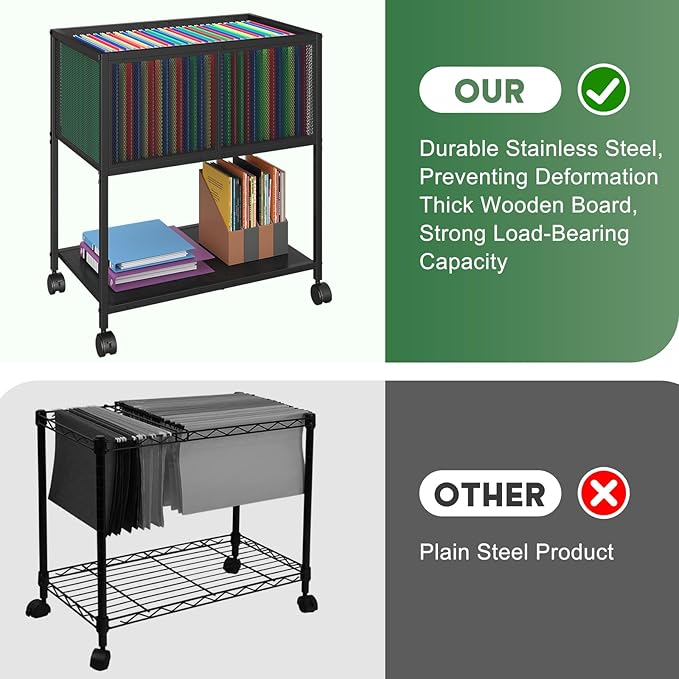 Rolling File Cart Mobile File Cabinet with Wheels Hanging Files Metal Hanging File Folder Cart File Organizer Fit Letter Size for Home Office Black