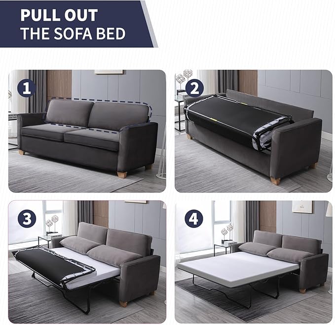 ijuicy Full Size Pull Out Couch Pull Out Sofa Bed with Foam Mattress Velvet Sofa with Pull Out Bed 2-in-1 Sleeper Couch Bed for Living Room Apartment Small Spaces (Dark Grey)