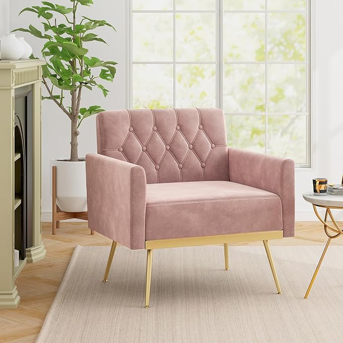 Modern Accent Chairs for Living Room Mid-Century Velvet Upholstered Arm Chair w/Gold Metal Legs Comfy Reading Armchair Tufted Single Sofa Chair Couch for Bedroom Office (1Pink)