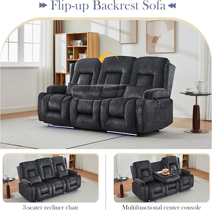 TUNYI Power Loveseat Recliner Sofa with Massage &amp Heat Home Theater Seating with Console RV Recliner Loveseat Sofa with USB/Storage/Side Pocket/LED Light/Speaker (Grey 3 Seat)