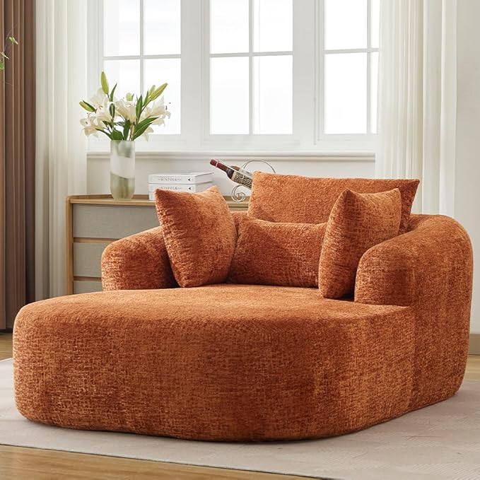 65.7 Oversized Chaise Longue Chair Indoor Modern Upholstered Corduroy Deep Seat Sofa Bed with Throw Pillows and Armrests Sleeper Sofa Couch for Living Room (Orange)