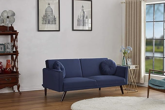 72 Retro Velvet Sofa Bed - Vintage Modern Convertible Futon w/Reclining Backrest - Velvet Upholstery on Solid Wood Frame (72 L x 34.6 W x 30.23 H) Dark Blue