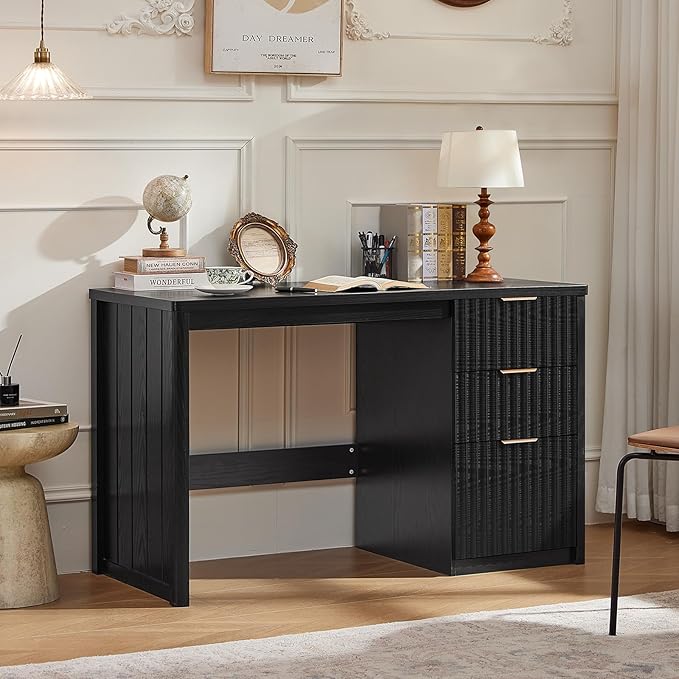 LEYAOYAO Office Desk 48 with 3 Drawers Storage File Cabinet Wood Fluted Desk for Computer Office Bedroom Home Furniture Black