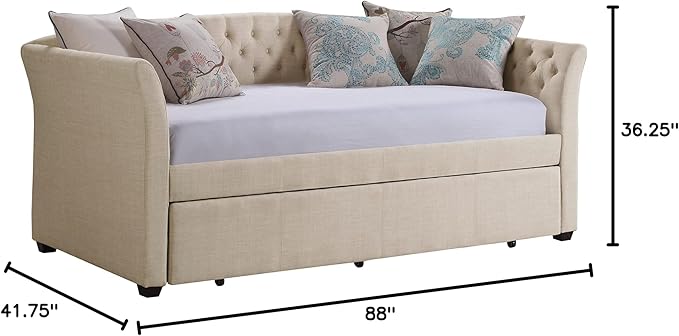 Rosevera Adrie Upholstered Twin Daybed with Tufted Button Daybed with Trundle Sofa for Living Room Bedroom Guest Room Beige Velvet