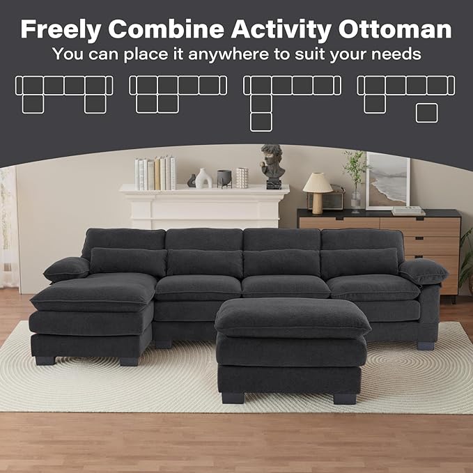 OUYESSIR 114 U Shape Sectional Cloud Couch with OttomanFluffy Sectional Couches for Living Room4 Seater Modular Sectionals SofaComfy Cloud Sofas &amp Couches with 4 PillowsDark Grey