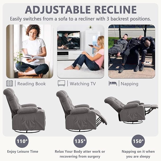 Oversized Swivel Rocker Recliner with Throw Pillow for Adult Kneading Massage Recliners Chair with Heat | USB | Cup Holders Gray Nursery Recliner Chair for Living Room Bedroom (Normal Grey)