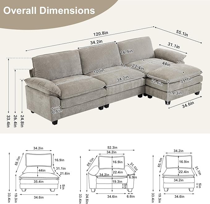 Karl home Sectional Sofa Modular Deep Seat Sofa Couch with Ottoman Chenille Sofa Sleeper Comfy Upholstered Furniture for Living Room Apartment Studio Office (3-Seat &amp 1-Ottoman Light Gray)