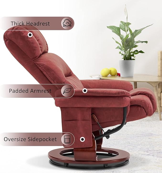 MCombo Swivel Recliners with Ottoman Reclining TV Chairs with Vibration Massage Faux Leather Ergonomic Lounge Chair for Living Room Bedroom 4832 (Burgundy)