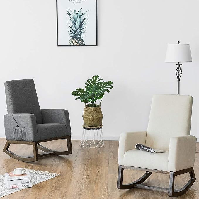 Giantex Rocking Chair Upholstered Living Room Chair with Padded Back and Seat Wood Base Rocking Chair for Nursery Home Office &amp School Use (Gray)