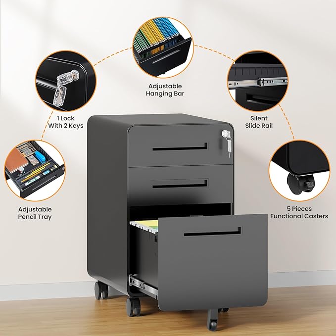 3 Drawer File Cabinet Fully Assembled Mobile File Cabinets with Lock for Home Office Metal Rolling Filing Caninet on Wheels Three Drawer Under Desk Cabnet for Letter/Legal / A4 - Black