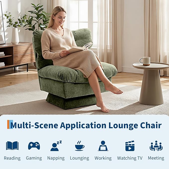Oversized Chenille Swivel Accent Chair for Living Room – Cozy Upholstered Reading Chair Thick Cotton Cushion 360° Rotating Barrel Chair 300lb Capacity Green