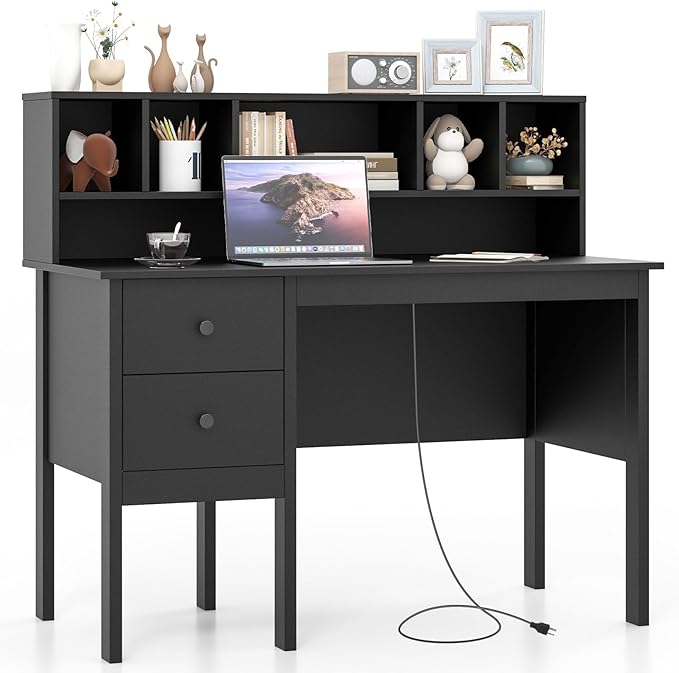 COSTWAY Writing Desk with USB Charging Ports &amp Power Outlets 48 Computer Desk with Drawers &amp 5-Cubby Hutch Study Table Computer Work Station for Home Office (Black)