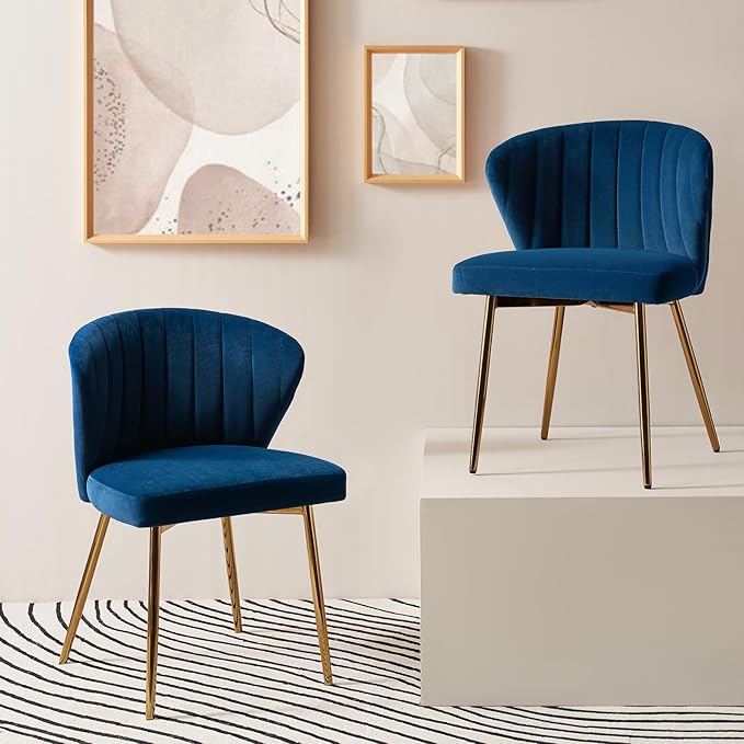 HULALA HOME Dining Chairs Set of 2 Velvet Upholstered Kitchen &amp Dining Room Chairs with Metal Legs Vanity Chair Armless Side Chairs for Living Room Bedroom Restaurant Channel Curved Backrest Nav