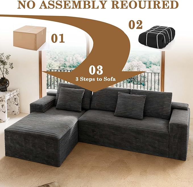 104 Black Boneless Couch with Chaise Sectional Couches for Living Room L Shaped Couch 4 Seat SofaCompression Sofa for Bedroom Comfy No Assembly Corduroy (Grey Right)
