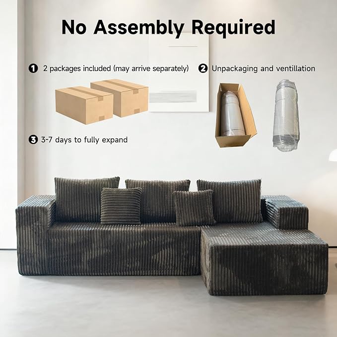 Upgrade 108’’ L Shape Cloud Couch Plush Corduroy Sectional Sofa with Chaise Boneless Couches for Living Room Bedroom No Assembly Required (Khaki Right Facing Chaise)