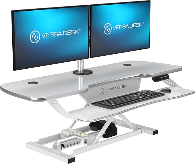 VERSADESK® PowerPro™ Elite 48” x 24 – App Controlled X-Large Electric Standing Desk Converter w/USB Charging Port. Raises up to 20”. Fully Assembled – Includes LED Lights. Supports 80 lbs. – White