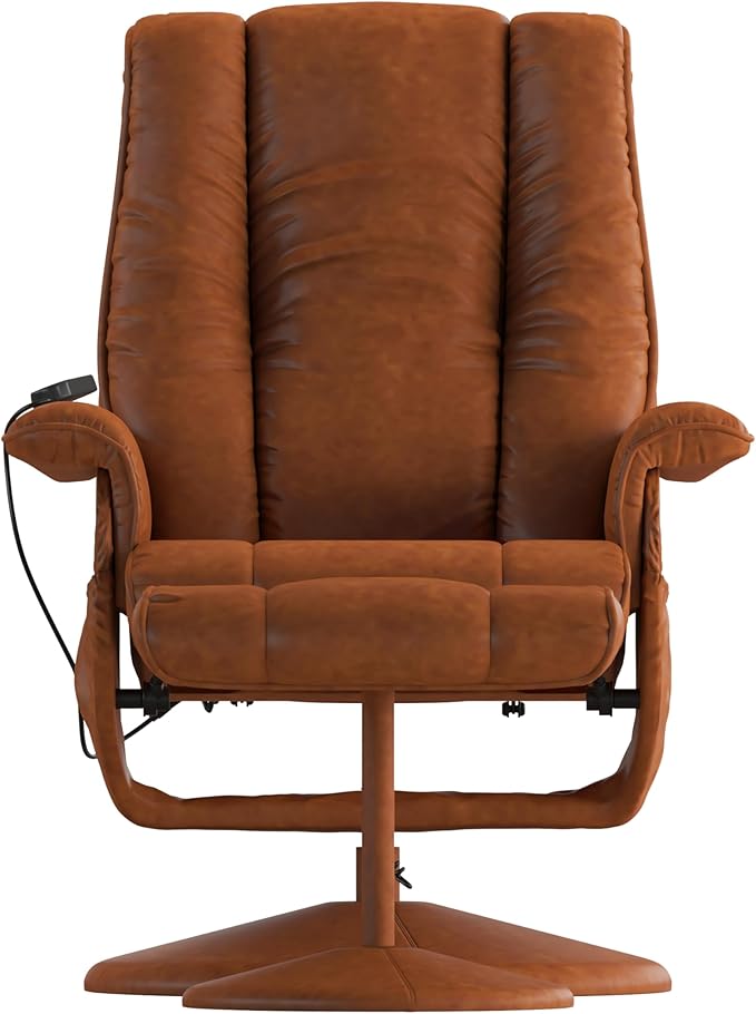 Flash Furniture Hall Massaging Heat Controlled Adjustable Recliner and Ottoman with Wrapped Base in Brown LeatherSoft