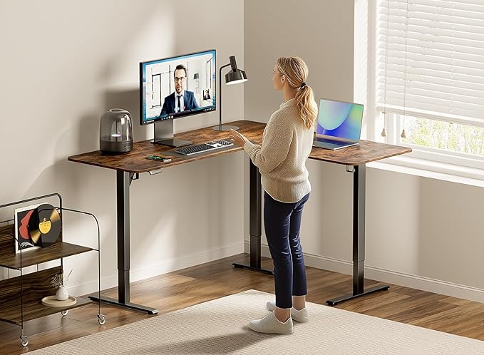 Electric L Shaped Standing Desk Adjustable Height 63 x 55 Inch Corner Standing DeskSit Stand Up DeskHome Office DeskLarge Long Work Gaming (Spliced Desktop Rustic Brown)