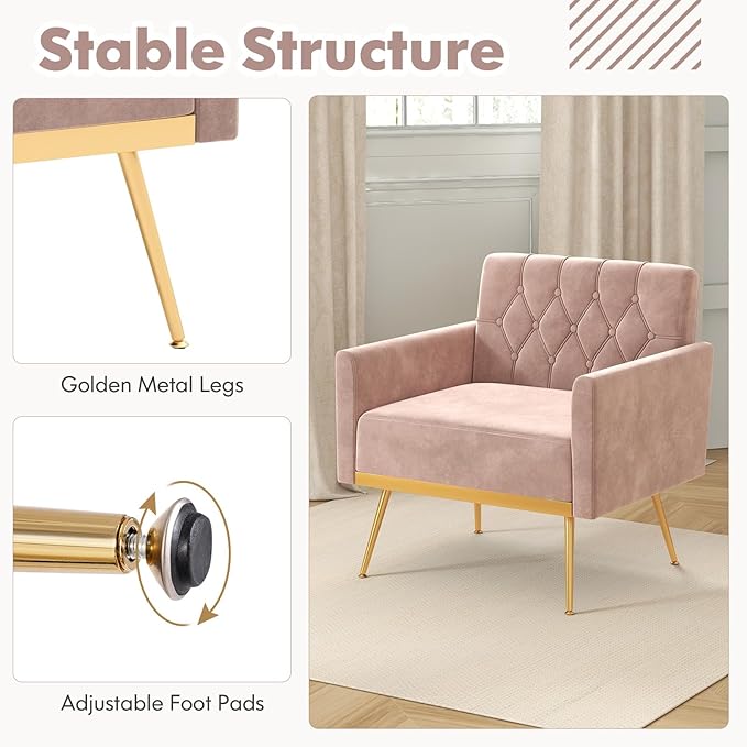 KOMFOTT Velvet Accent Chair Modern Tufted Armchair with Golden Metal Legs &amp Adjustable Foot Pads Upholstered Sofa Reading &amp Living Room Chair Pink