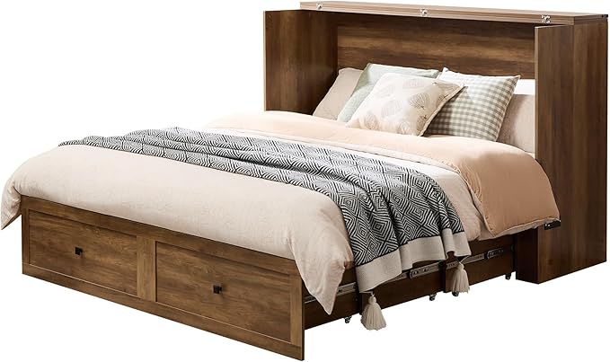 AMERLIFE Queen Murphy Bed Cabinet with Charging Station and Storage Farmhouse Foldable Platform Bed for Guest Room Office Small Spaces Barnwood