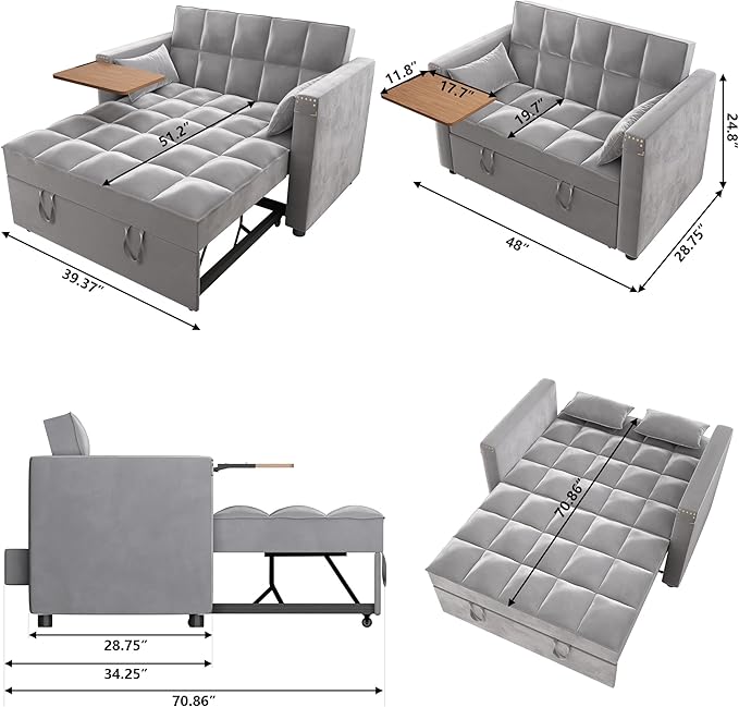 Velvet Convertible 3 in 1 Sleeper Sofa Bed Small Upholstered Loveseat Pull Out Couch Multi-Functional Sleeper Futon with Hidden Table and Adjustable Backrest for Living Room (Gray)