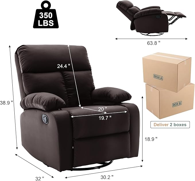 Swivel Rocker Recliner Chair Small Manual Reclining Chair with Overstuffed Arm and Back PU Leather Single Sofa Seat for Living Room Bedroom Dark Brown