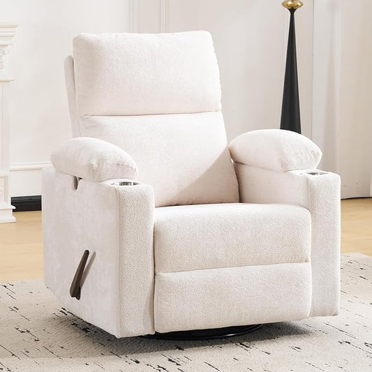 Swivel Rocker Recliner with Adjustable Armrests Rocking Nursery Chair with Adjustable Headrest Cup Holder Manual Recliner Nursing Chair for Breastfeeding Chenille White
