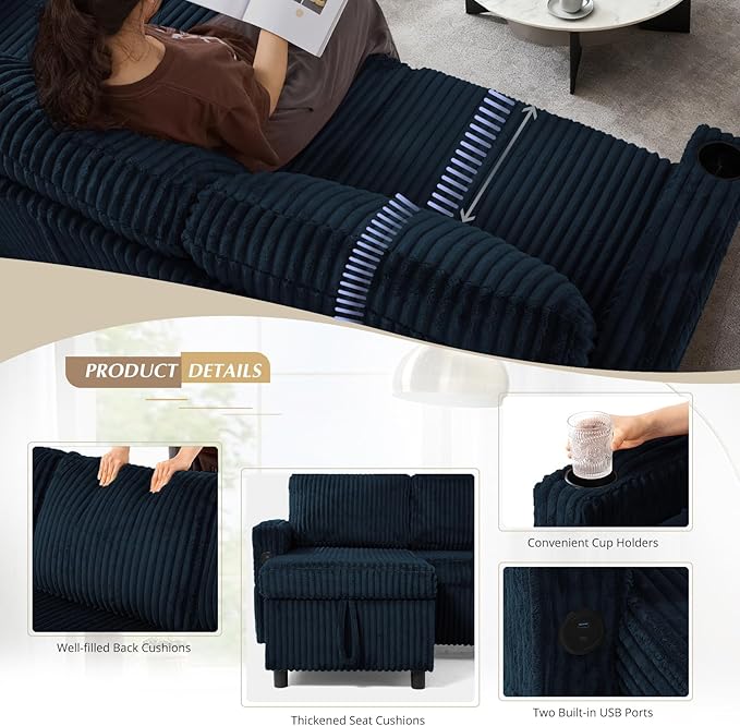 84 Corduroy Pull Out Sofa Bed w/Adjustable Backrests Sectional L-Shape Sleeper Sofa w/Storage Chaise Convertible Couch Bed w/USB Charging Port &amp Cup Holders for Living Room House Blue