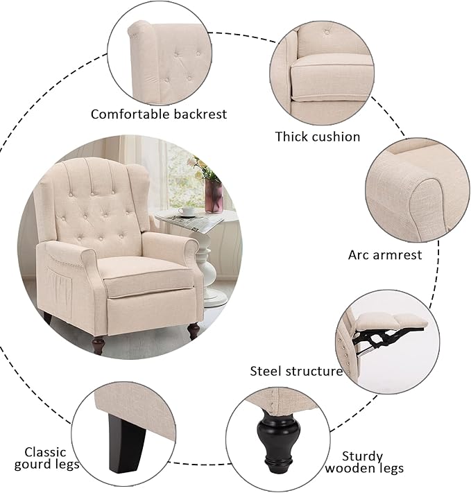 SAMERY Wingback Recliner Chair with Massage and Heat- Accent Chair Push Back Chair for Living Room Bedroom Tufted Comfy Reclining Arm Chair Sofa Reading Napping