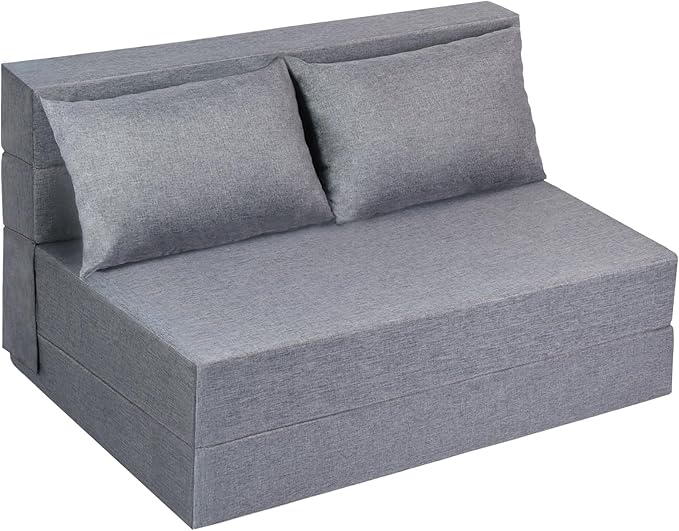 Folding Sofa Bed Twin Size Foldable Sleeper Chair with 2 Pillows Convertible Futon Sofa Bed with Washable Cover Fold Out Couch for Living Room Dorm Guest Room Standard Size Light Grey