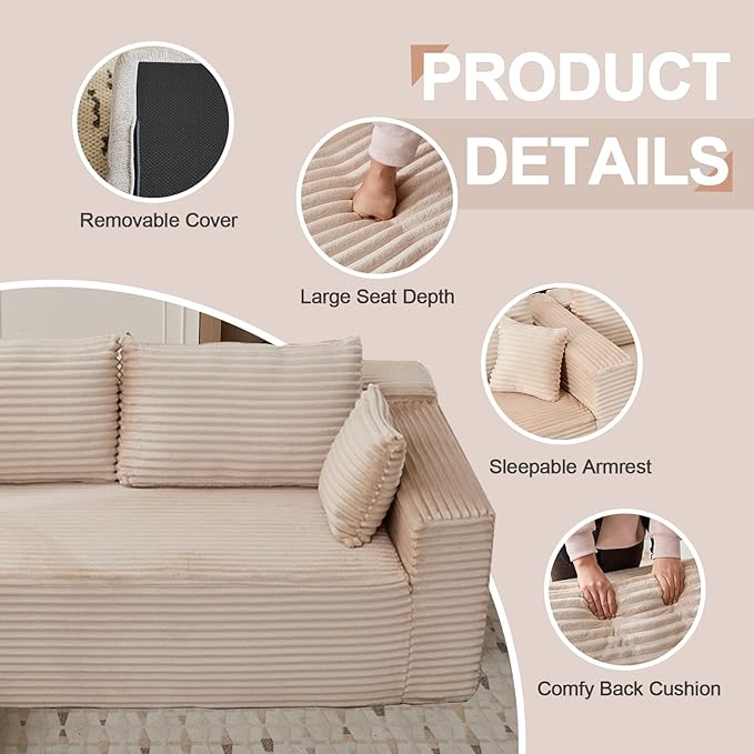 110 Modular Sectional Sofa with L-Shape Chaise Boneless Cloud Couch with Deep Seat Sponge Compression Sofas No Assembly Required Upholstered Couches for Living Room Bedroom (Corduroy Beige)