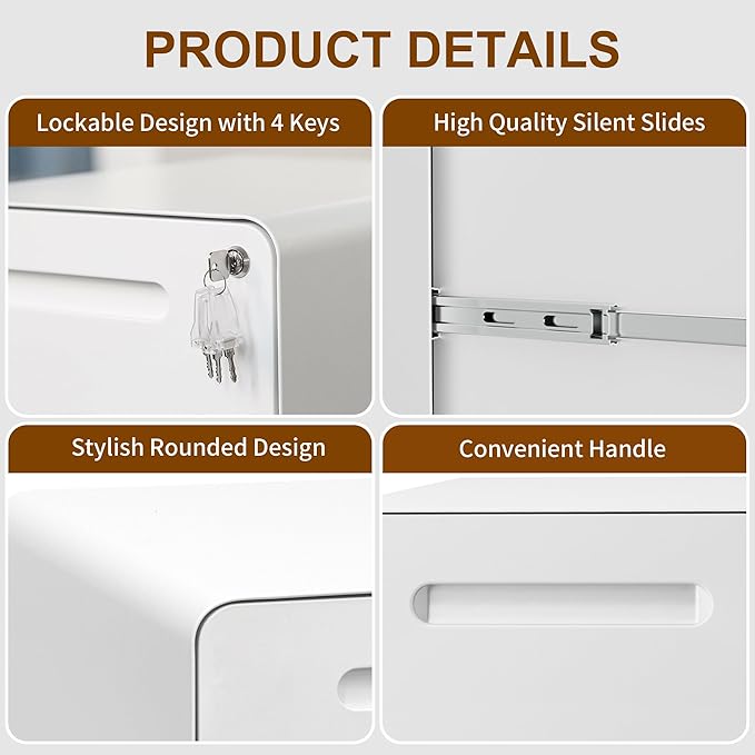 File Cabinet Mobile Filing Cabinet with Lock All Steel Structure Printer Stand Fully Assembled Except Casters Under Desk Storage for Home Office 2 Drawers Document Organizer White