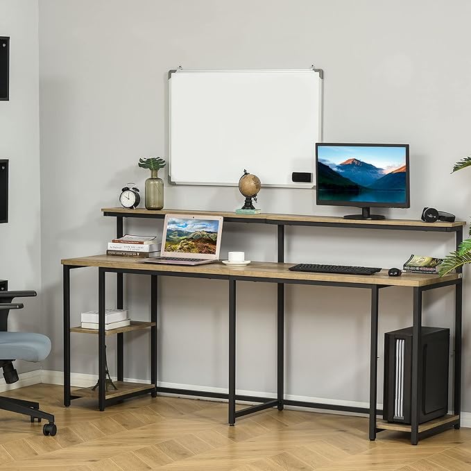 78.75 Inches Double Computer Desk for Two Person Extra Long Home Office Desk with Monitor Shelf and CPU Stand Brown