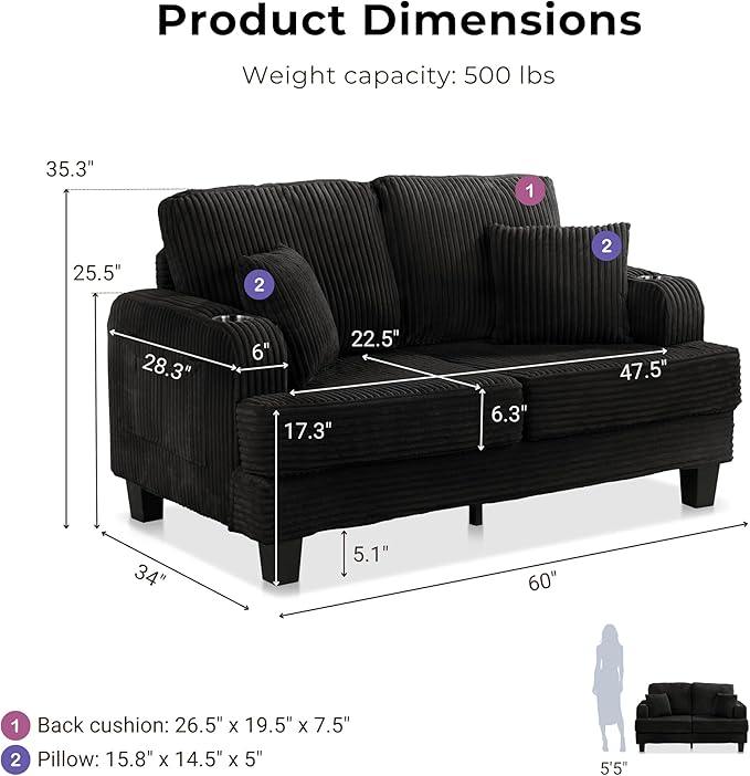 Homes: Inside + Out Reese Modern Plush Chenille Comfortable Loveseat with Side Pockets Cup Holders and Pillows Wooden Soft Couch for Living Room Bedroom and Office Black