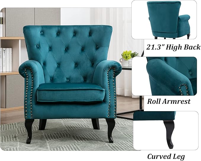 Mid Century Accent Chair Modern Button Tufted Armchair Wingback Club Chair Velvet Single Sofa Lounge Chair with Pillow for Living Room Bedroom Teal Blue
