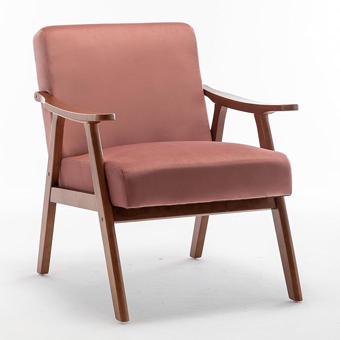 Accent Chair Mid Century Modern Chairs for Living Room Upholstered Comfy Armchair Bedroom Side Arm Chair with Rubber Wood Comfort Cushion and Wide Sitting