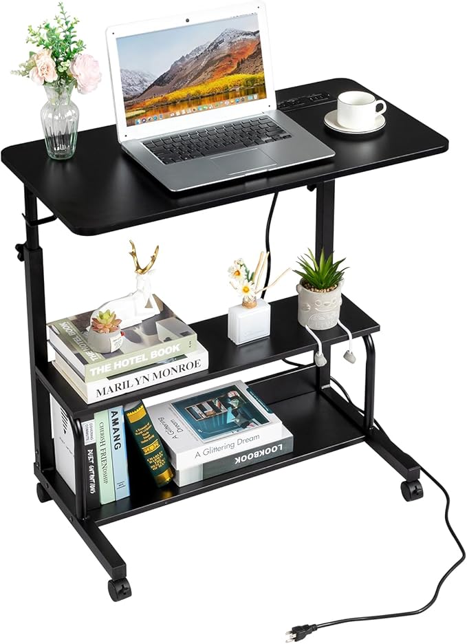 Adjustable Computer Desk with 3 USB Ports and 2 AC Outlets Standing Desk Adjustable Height Desks Computer Desk Writing Desk Mobile Laptop Desk Cart for Office Workspace Black