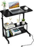 Adjustable Computer Desk with 3 USB Ports and 2 AC Outlets Standing Desk Adjustable Height Desks Computer Desk Writing Desk Mobile Laptop Desk Cart for Office Workspace Black