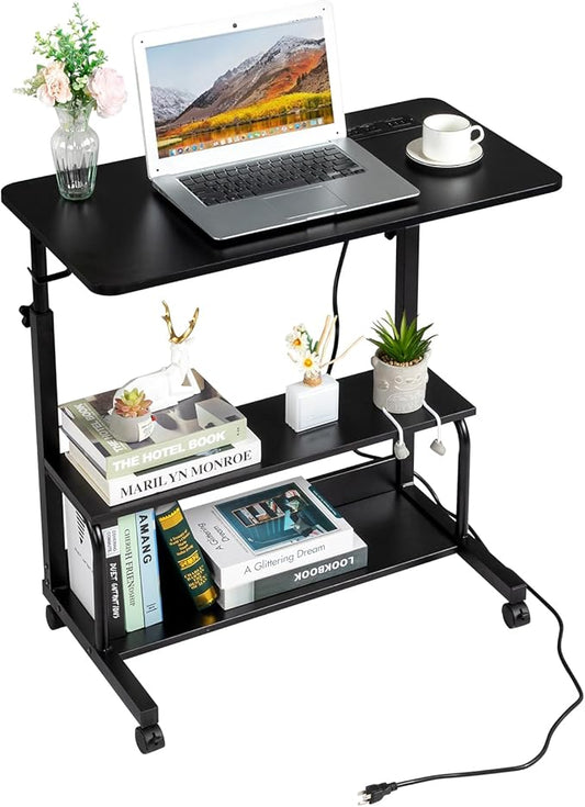 Adjustable Computer Desk with 3 USB Ports and 2 AC Outlets Standing Desk Adjustable Height Desks Computer Desk Writing Desk Mobile Laptop Desk Cart for Office Workspace Black