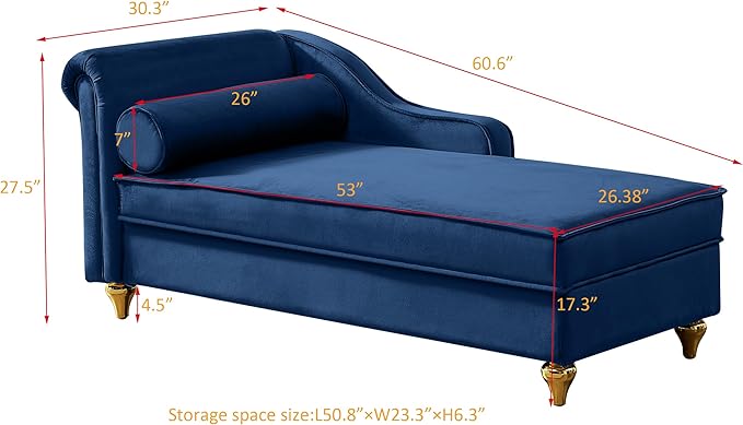 Chaise Lounge IndoorVelvet Lounge Chair with Hidden Storage &amp PillowModern Upholstered Corner Lounge Chair Sofa Bed with Solid Wood Frame for Sleeping Living Room Bedroom Office(Navy Blue)