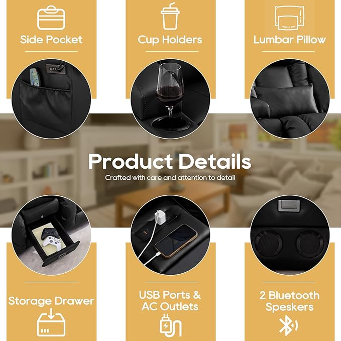 IPKIG Power Loveseat Recliner Sofa with Flip-Up Backrest Console Drawer AC Outlet LED Light Wall Hugger Recliners for Living Room RV Home Theater (Midnight Black Loveseat)