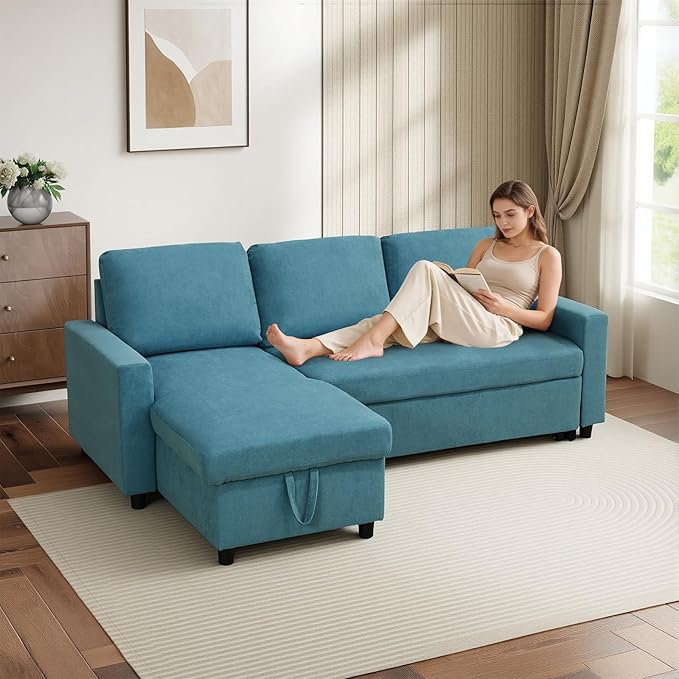L-Shaped Sleeper Sofa with Chaise Lounge &amp Storage Pull-Out Couch Bed with Recliner Full Size Futon for Living Room Office Apartment Teal